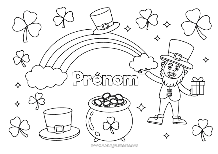 Coloriage à imprimer Chaudron Magique Trèfle Irlande Fête De La Saint Patrick Leprechaun Arc En Ciel Chapeau Pièces