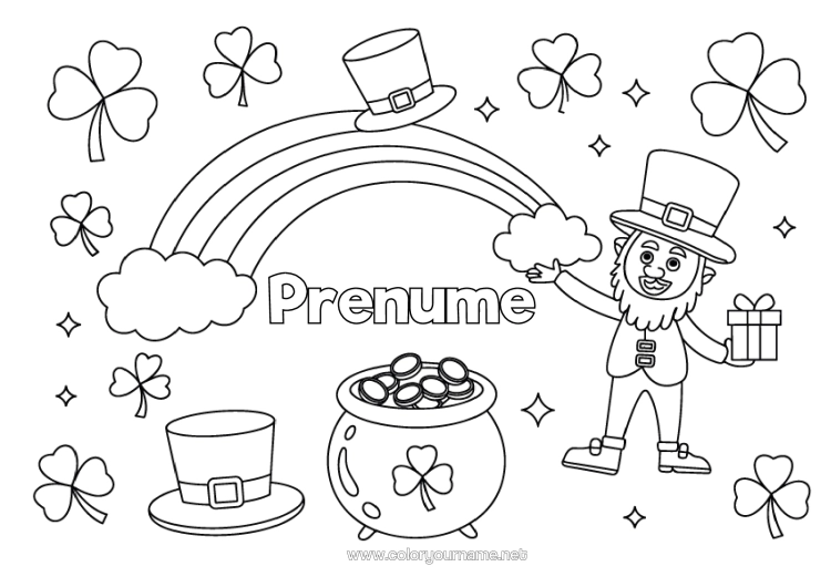 Pagină de colorat de imprimat Cazan Magic Trifoi Irlanda Sărbătoarea Sfântului Patrick Leprechaun Curcubeu Pălărie Piese