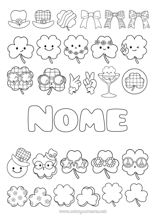 Página de desenho para imprimir Kawaii Trevo Dia De São Patrício Chapéu