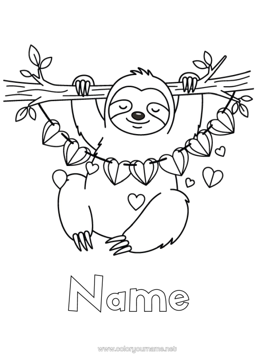 Colouring page to print Heart Animal Forest Animals Sloth