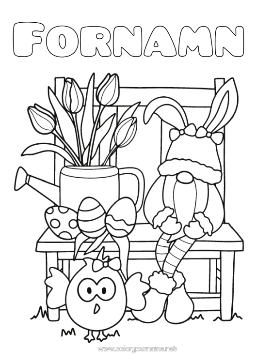 Färgläggningssida att skriva ut Kanin Gnom. Påskägg Tulpan Skogens Djur Vattenspruta