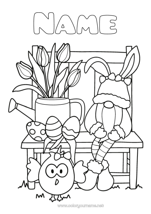 Colouring page to print Flowers Rabbit Gnome Easter Eggs Tulip Forest Animals Watering Can