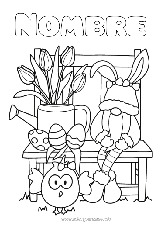 Dibujo para colorear para imprimir Conejo Gnomo Huevos De Pascua Tulipán Animales Del Bosque Regadera