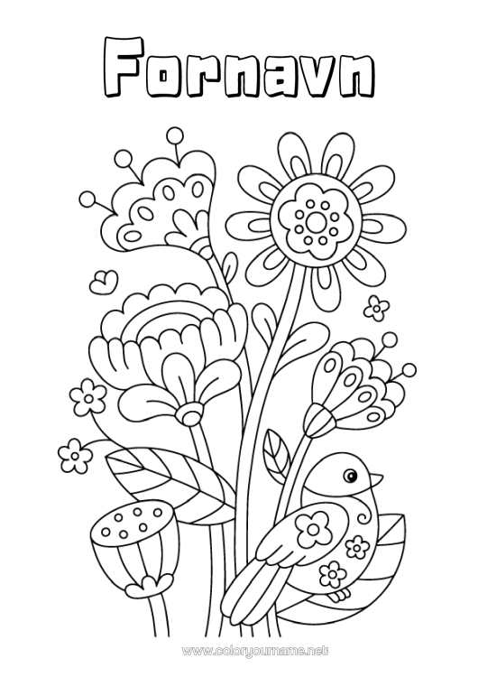 Fargeleggingssiden til utskrift Blomster Fugl Vår Fugler Og Flygende Pattedyr