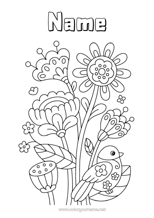 Coloring page to print Flowers Bird Spring Flying Birds And Mammals