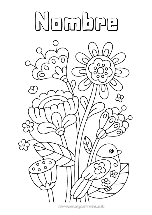 Dibujo para colorear para imprimir Flores Pájaro Primavera Aves Y Mamíferos Voladores