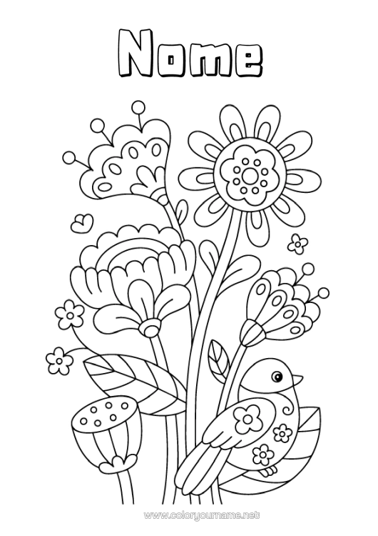 Pagina da colorare da stampare Fiori Uccello Primavera Uccelli E Mammiferi Volanti