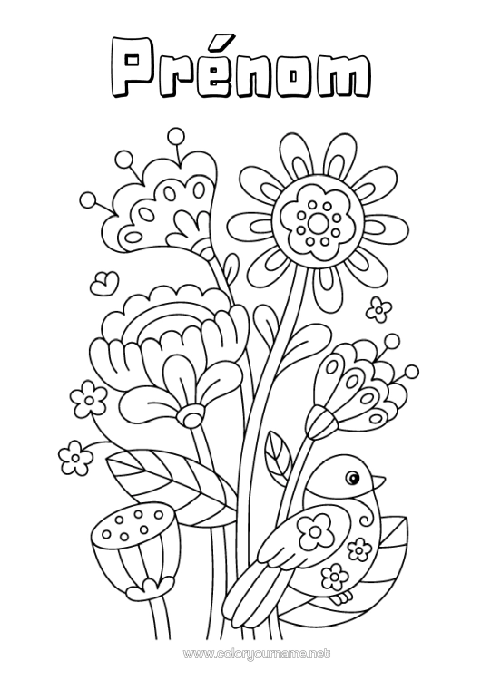 Coloriage à imprimer Fleurs Oiseau Printemps Oiseaux Et Mammifères Volants