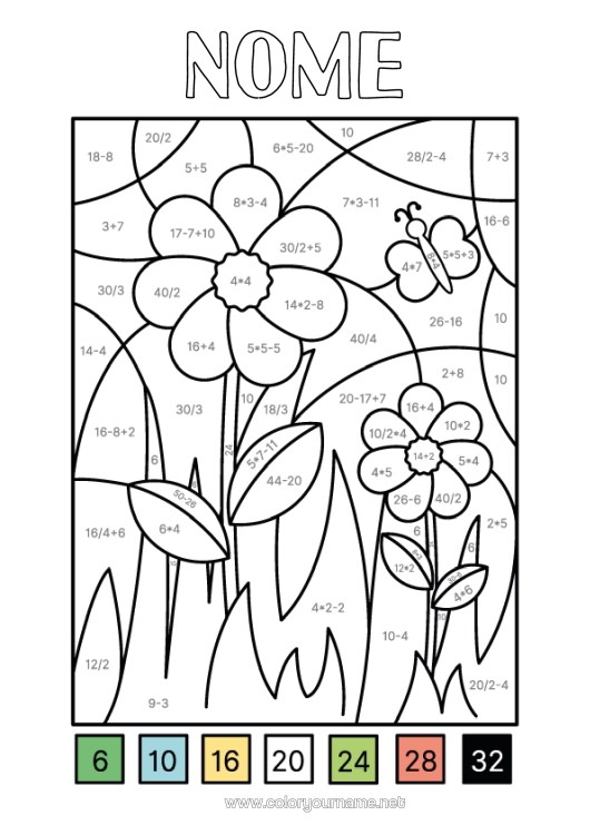 Pagina da colorare da stampare Fiori Farfalla Colorare Per Numeri Sottrazioni Addizioni Insetti Matematica