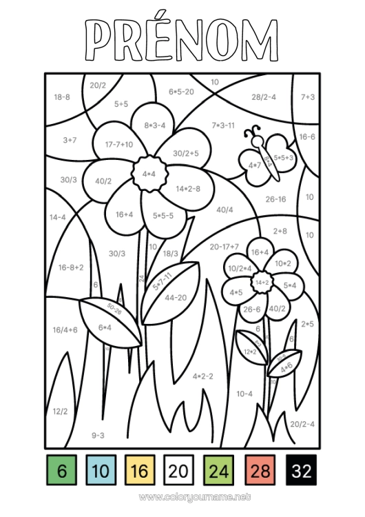 Coloriage à imprimer Fleurs Papillon Coloriages Magiques Soustractions Additions Insectes Mathématiques