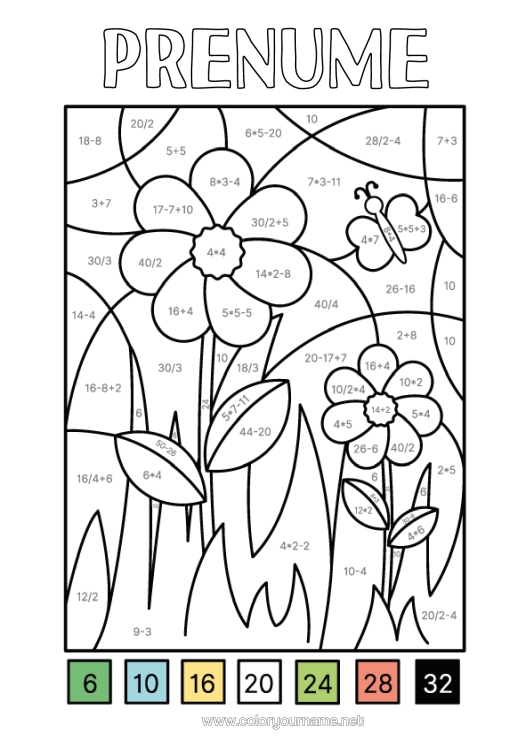 Pagină de colorat de imprimat Flori Fluture Desene Magice De Colorat Scăderi Adăugiri Insecte Matematică