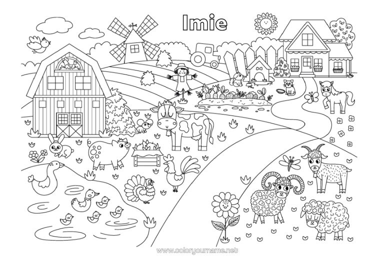 Kolorowanka do wydruku Owca Kura Świnia Zając Krowa Farma Ptaki I Latające Ssaki Zwierzęta Gospodarskie Zwierzęta Leśne Młyn Zawody Na Farmie Strach Na Wróble Gęś Stodoła