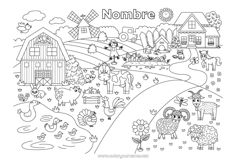 Dibujo para colorear para imprimir Ovejas Gallina Cerdo Conejo Vaca Granja Aves Y Mamíferos Voladores Animales De Granja Animales Del Bosque Molino Oficios De La Granja Espantapájaros Ganso Granero