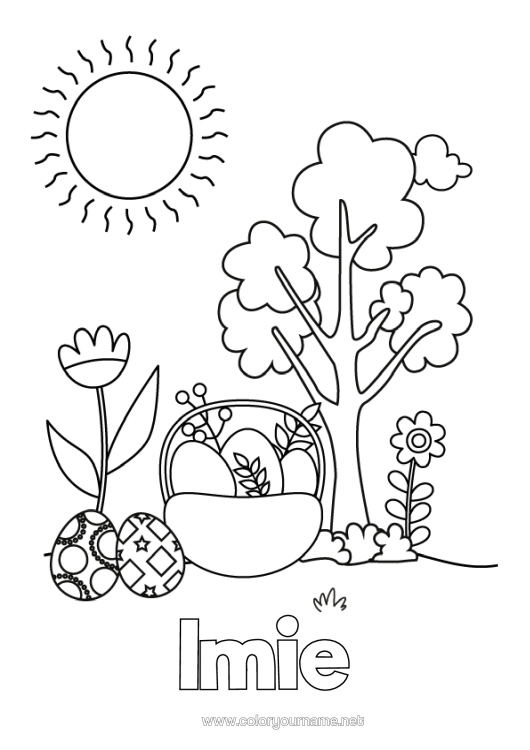 Kolorowanka do wydruku Kwiaty Słońce Jajka Wielkanocne Koszyk Tulipan