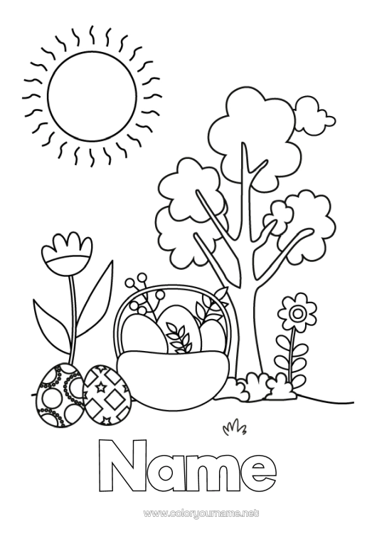 Colouring page to print Flowers Sun Easter Eggs Basket Tulip