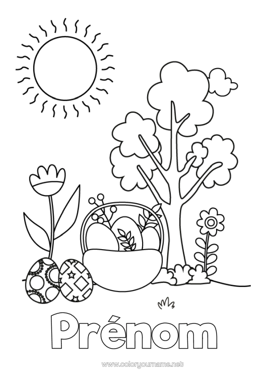 Coloriage à imprimer Fleurs Soleil Oeufs De Pâques Panier Tulipe