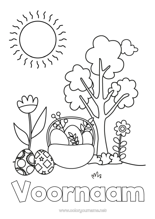 Kleurplaat om af te drukken Bloemen Zon Paaseieren Mand Tulp