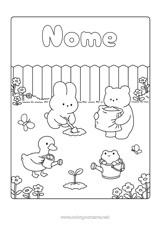 Página de desenho para imprimir Kawaii Coelho Animal Pássaros E Mamíferos Voadores Animais Da Floresta Regador Ganso Jardim Jardinagem