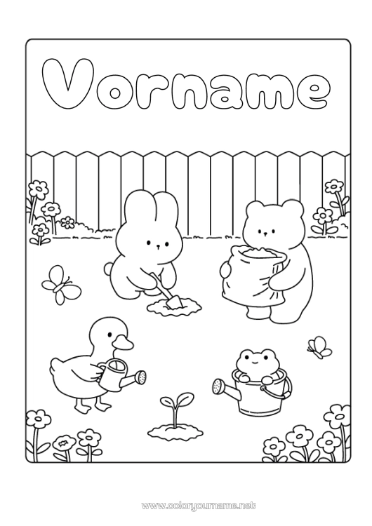 Malvorlage zum Ausdrucken Kawaii Hase Tier Vögel Und Fliegende Säugetiere Waldtiere Gießkanne Gans Garten Gartenarbeit