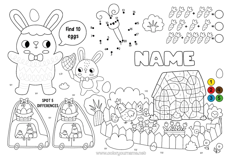 Coloring page to print Bunny Coloring By Numbers Children's Activities Easter Eggs Easter I Spy Trace And Color Forest Animals Printable Placemat Connect The Numbers