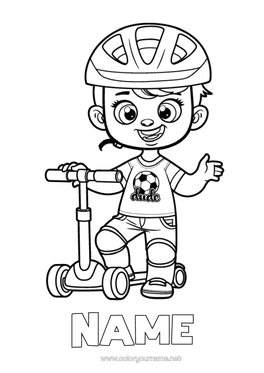 Coloring page to print Soccer Ball Boy Push Scooter Two-Wheeled Vehicles Helmet