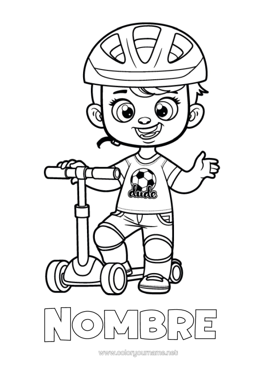 Dibujo para colorear para imprimir Balón De Fútbol Chico Patineta Vehículos De Dos Ruedas Casco