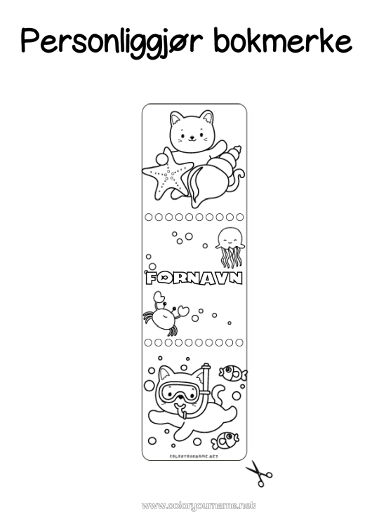 Fargeleggingssiden til utskrift Katt Søt Sommer Dyr Krabbe Bokmerke Snegler Sjøstjerne Marin Eller Akvatisk Dyr Hunder Og Katter Dykking Vannaktiviteter