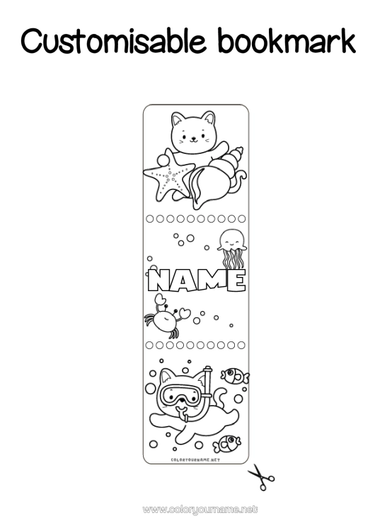 Colouring page to print Cat Cute Summer Animal Crab Bookmark Shellfish Starfish Marine Or Aquatic Animals Dogs And Cats Diving Water Sports