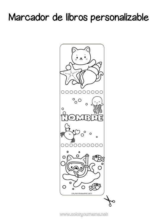 Dibujo para colorear para imprimir Cat Kawaii Verano Animales Cangrejo Marcador Conchas Marinas Estrella De Mar Animales Marinos O Acuáticos Perros Y Gatos Buceo, Zambullida Deportes Náuticos