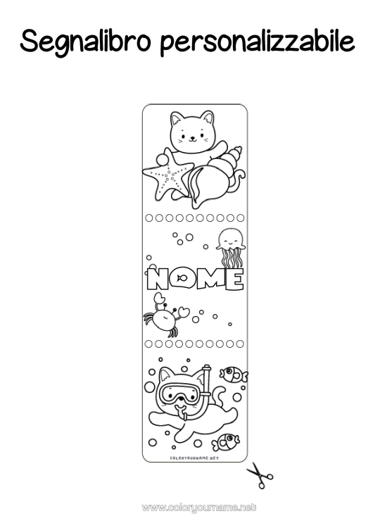 Pagina da colorare da stampare Gatto Kawaii Estate Animale Granchio Segnalibro Conchiglie Stella Marina Animali Marini O Acquatici Cani E Gatti Subacquea Sport Acquatici