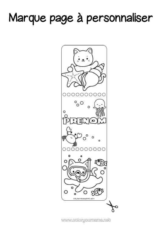 Coloriage à imprimer Chat Kawaii Été Animal Crabe Marque Page Coquillages Étoile De Mer Animaux Marins Ou Aquatique Chiens Et Chats Plongée Sports Nautiques