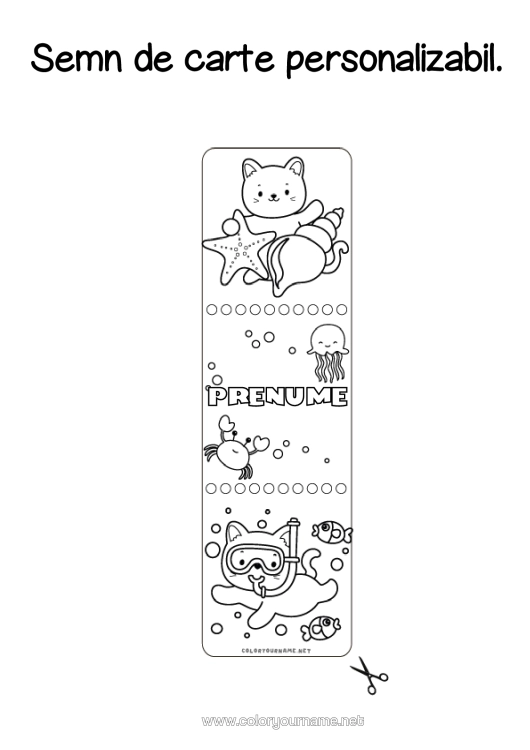 Pagină de colorat de imprimat Pisică Drăguț Vara Animal Crab Semn De Carte Scoici Stea De Mare Animale Marine Sau Acvatice Câini Și Pisici Scufundare Sporturi Nautice