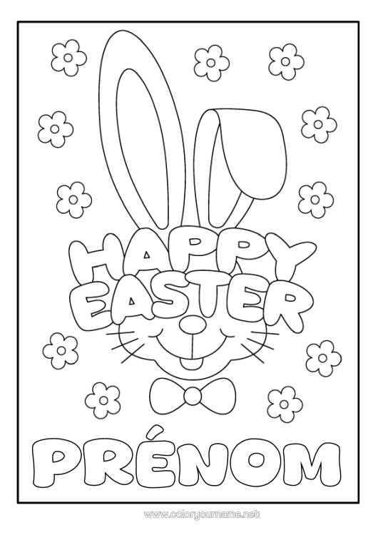 Coloriage à imprimer Lapin Pâques "Joyeuses Pâques" Message Animaux De La Forêt Cartoon