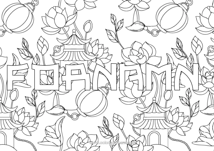 Färgläggningssida att skriva ut Blommor Kinesisk Lykta Japan Kina Pagod Dekorativ Bakgrund Lotusblomma