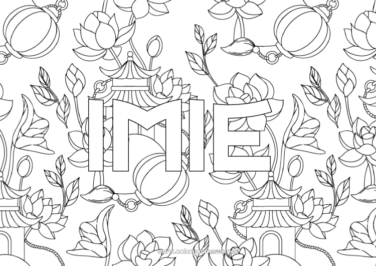 Kolorowanka do wydruku Kwiaty Chińska Latarnia Japon Chiny Pagoda Tło Dekoracyjne Kwiat Lotosu