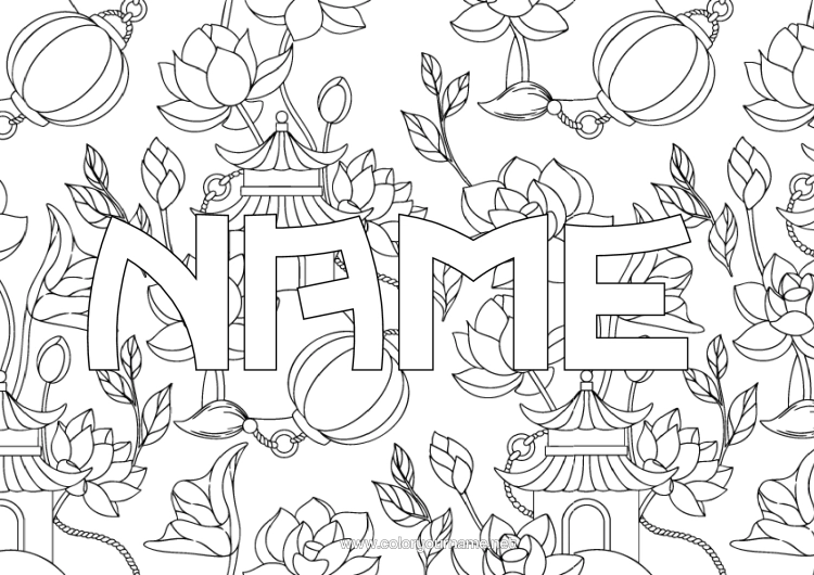 Coloring page to print Flowers Chinese Lantern Japan China Pagoda Decorative Background Lotus Flower