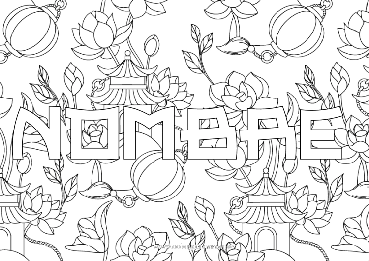 Dibujo para colorear para imprimir Flores Linterna China Japón China Pagoda Fondo Decorativo Flor De Loto