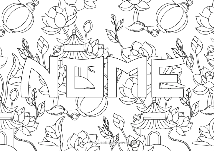 Página de desenho para imprimir Flores Lanterna Chinesa Japão China Pagode Fundo Decorativo Flor De Lótus