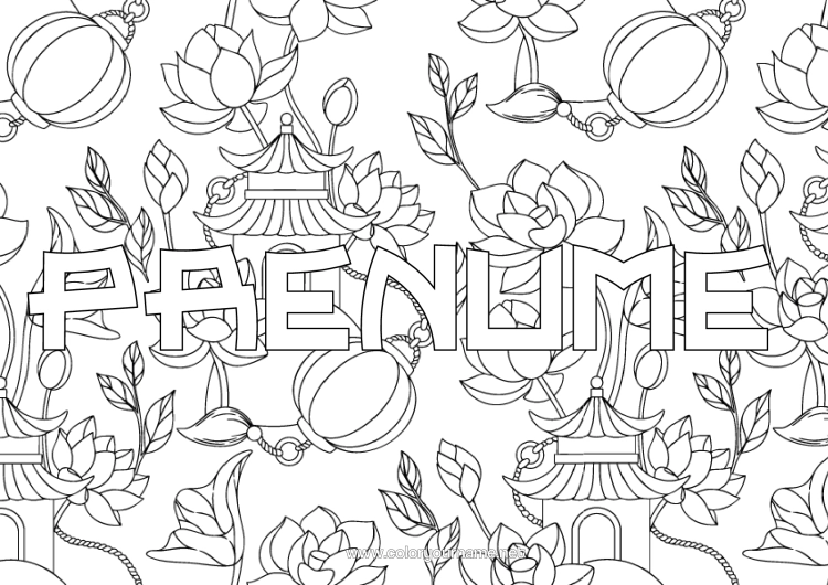 Pagină de colorat de imprimat Flori Lanterna Chineză Japon China - China Pagodă Fundal Decorativ Floarea De Lotus