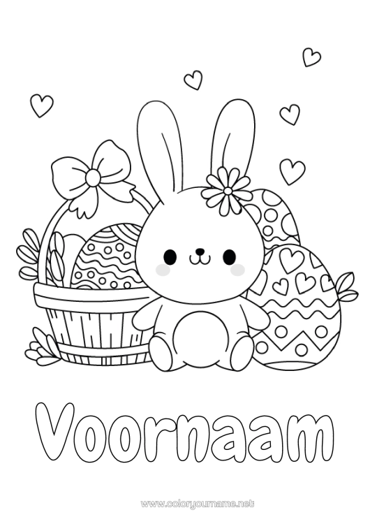 Kleurplaat om af te drukken Schattig Konijn Paaseieren Pasen Mand Bosdieren
