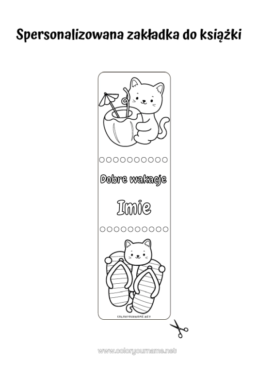 Kolorowanka do wydruku Kot Lato Zakładka Do Książki Szczypce Psy I Koty Koktajl