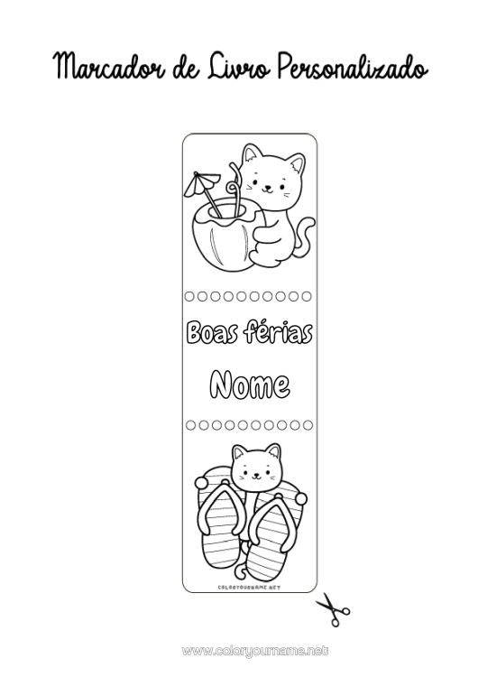 Página de desenho para imprimir Gato Verão Marcador De Página Chinelo Cães E Gatos Coquetel