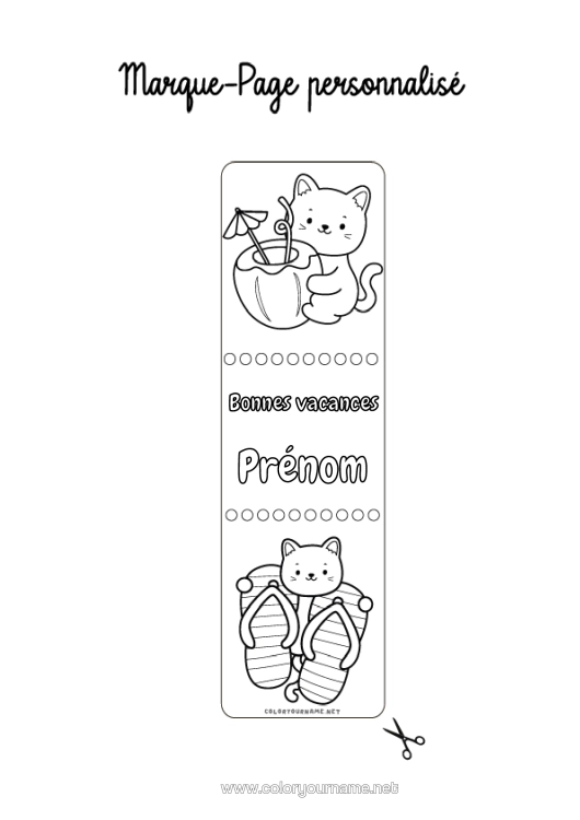 Coloriage à imprimer Chat Été Marque Page Tong Chiens Et Chats Cocktail
