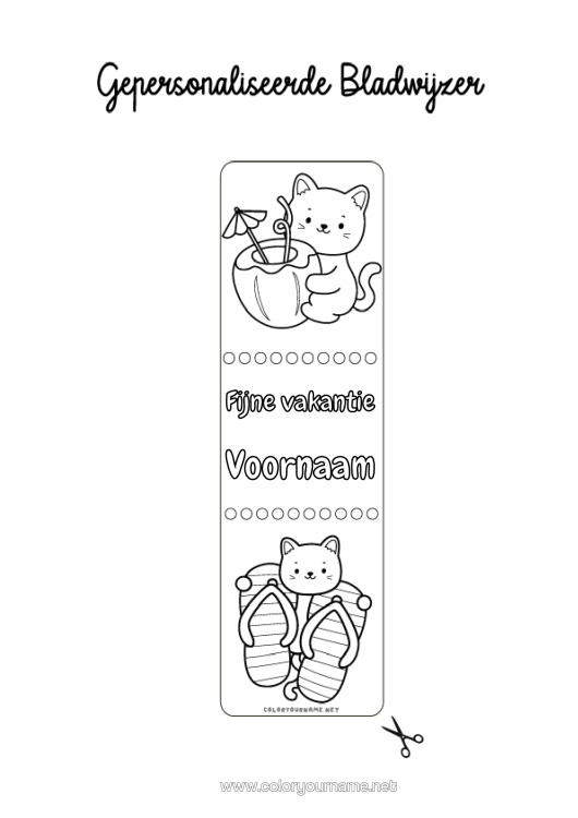 Kleurplaat om af te drukken Kat Zomer Bladwijzer Slippers Honden En Katten Cocktail