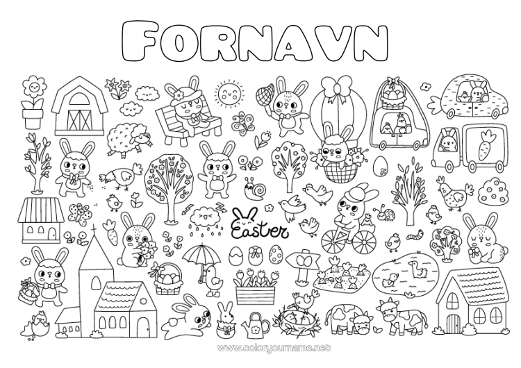 Farvelægningssiden til udskrivning Kawaii Forår Kanin Påskeæg Påske Tulipan Symboler Skovens Dyr