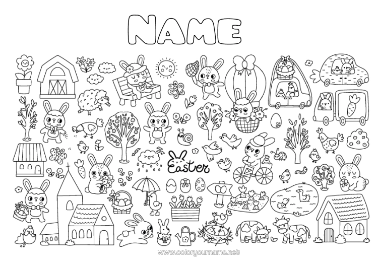 Coloring page to print Kawaii Spring Bunny Easter Eggs Easter Tulip Symbols Forest Animals