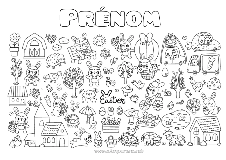 Coloriage à imprimer Kawaii Printemps Lapin Oeufs De Pâques Pâques Tulipe Symboles Animaux De La Forêt