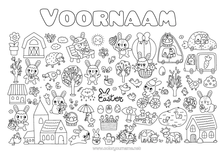 Kleurplaat om af te drukken Kawaii Lente Konijn Paaseieren Pasen Tulp Symbolen Bosdieren