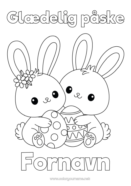 Farvelægningssiden til udskrivning Sød Kawaii Kanin Påskeæg Påske "Glædelig Påske" Skovens Dyr