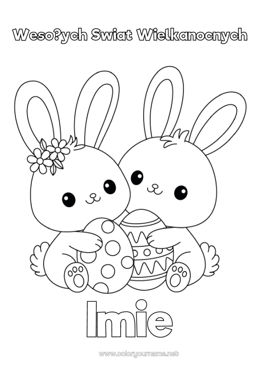 Kolorowanka do wydruku Słodki Uroczy Zając Jajka Wielkanocne Wielkanoc "Wesołych Świąt Wielkanocnych!" Zwierzęta Leśne